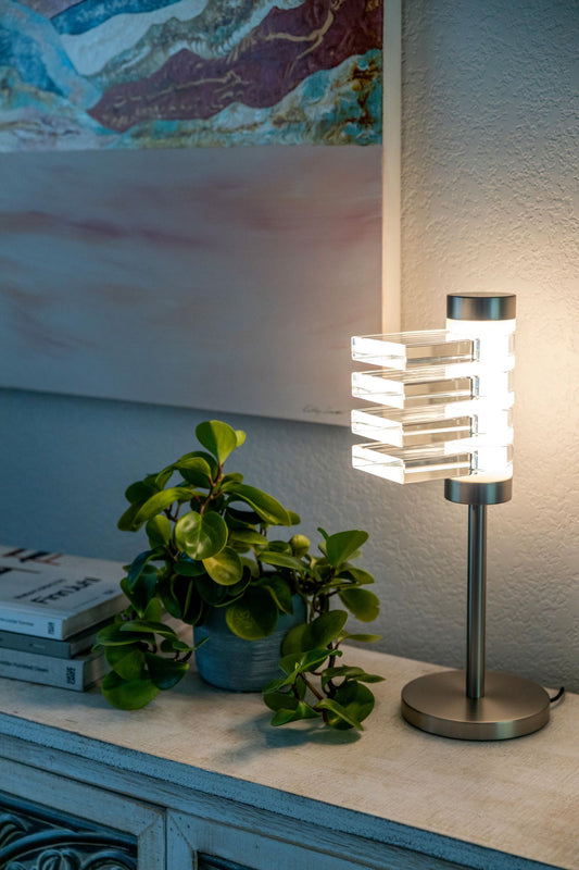 Plume Table Lamp: Brushed Nickel, Clear